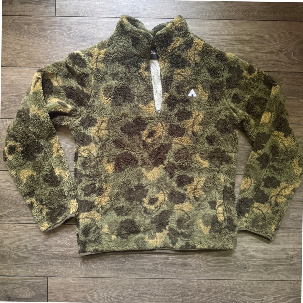 Airwalk Mens XS Quarter Zip Sherpa Fleece Pullover Camo Green Brown 2 Pockets